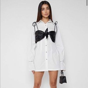 BRALETTE SHIRT DRESS WITH CHAIN CUFF - WHITE/BLACK